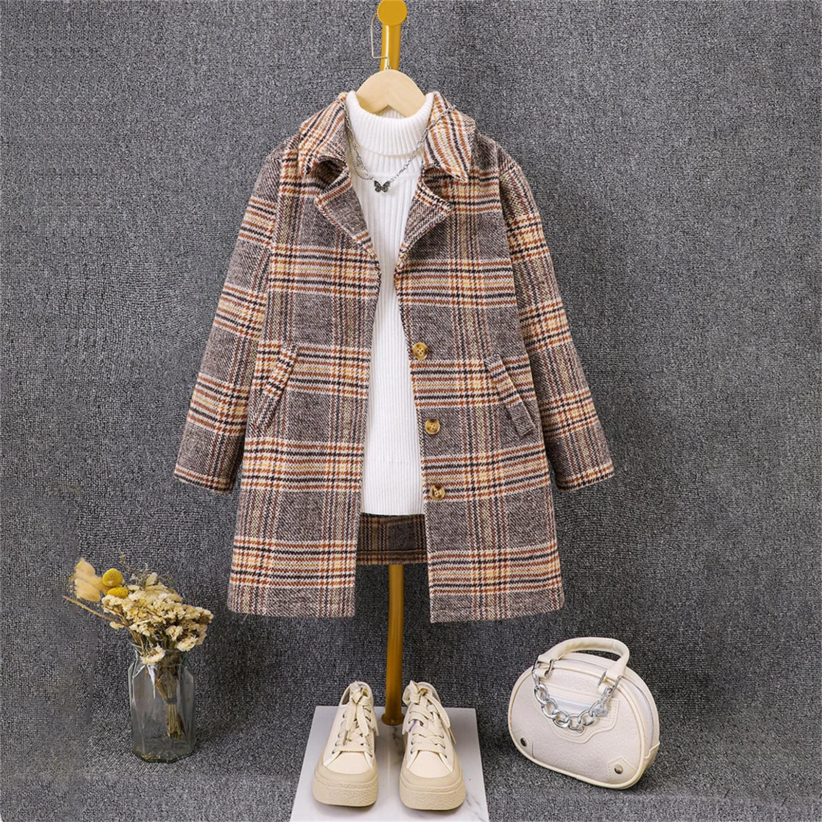 

Пальто для маленьких девочек, осеннее и зимнее шерстяное пальто в очень клетку, теплое повседневное пальто, пальто для девочек, шапка