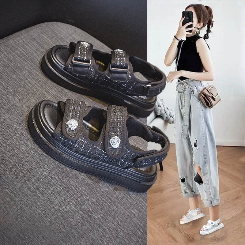 2024 Summer Sports Women\'s Sandals Shoes All-Match Outside Low Multicolored Girls Flat Fashion New Comfort PU Basic Hook & Loop