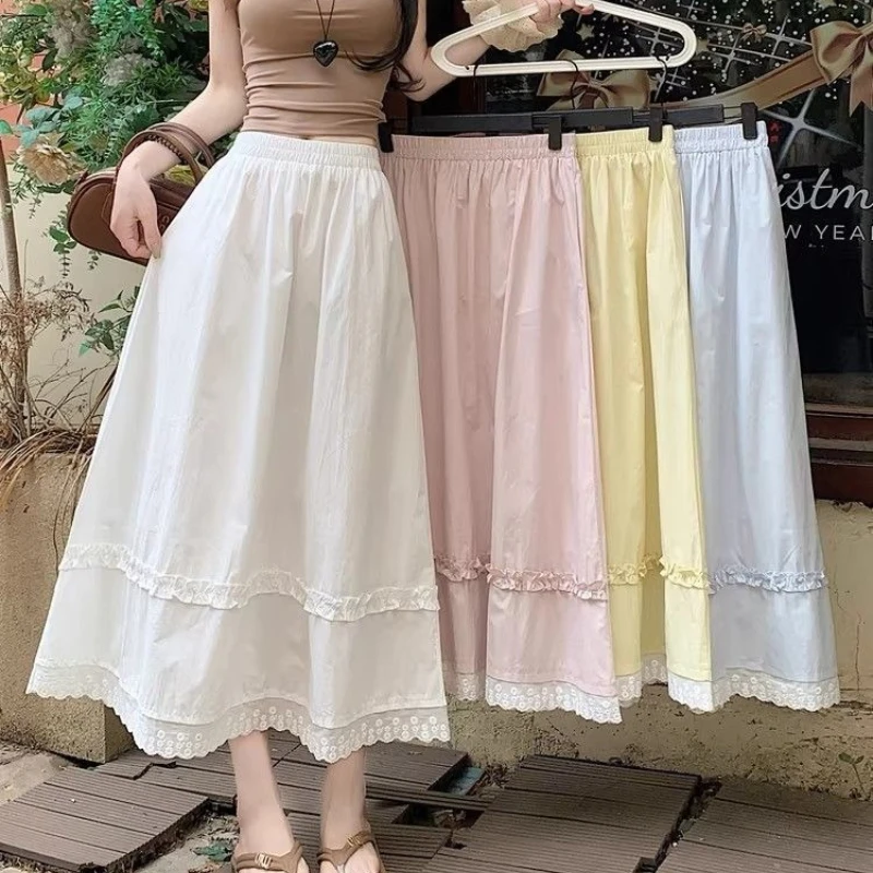 Jupe longue taille haute style coréen pour femme, été 2026, jaune, avec dentelle douce, coupe parapluie, élastique, taille large
