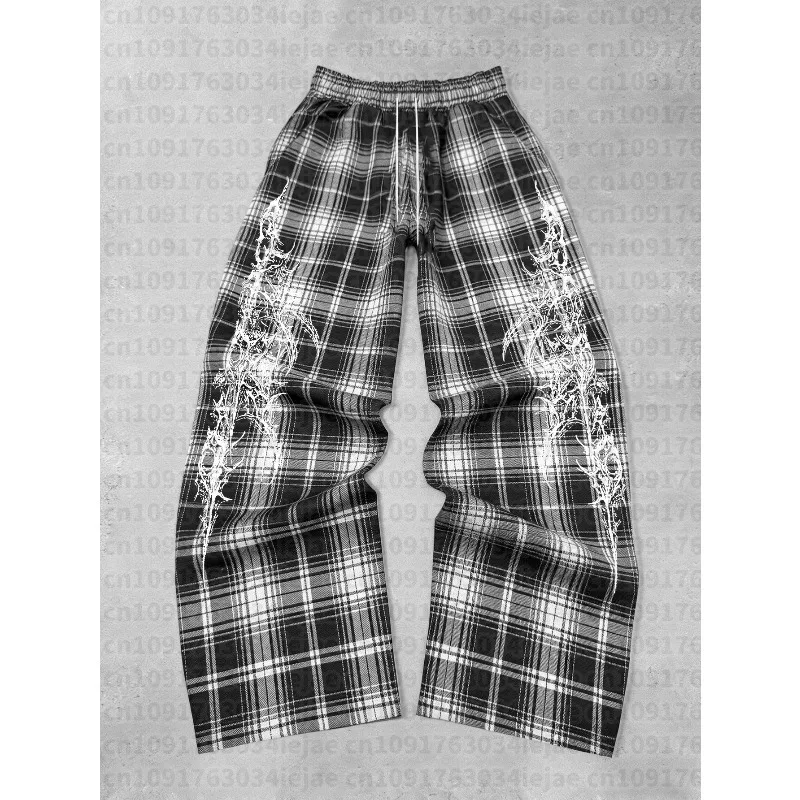 Unisex Jogger Straight‑Leg Trousers Gothic Plaid Pattern with Dark Art Print Pants Punk Streetwear for Men Kid Daily Outfit