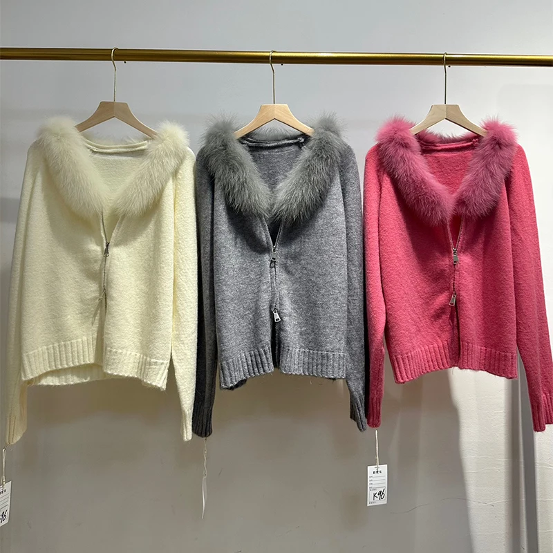 เสื้อแจ็คเก็ตสเวตเตอร์ไหมพรมถักหนา คอปกขนสุนัขจิ้งจอกแท้ สีแดงกุหลาบ สำหรับผู้หญิง ฤดูใบไม้ร่วง ปี 2025 ทรงหลวมขนาดใหญ่ สไตล์หรูหรา