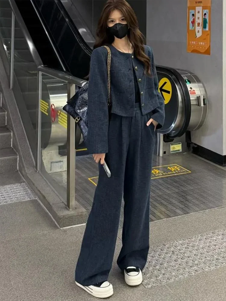 

High Waist Wide Leg Pants Denim Casual round Neck Women's Fashion Set Two-Piece Suit Elegant Style Short Jacket Fragrance