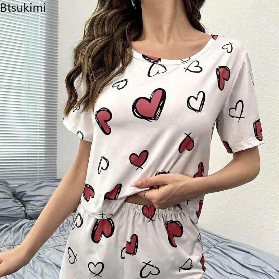 2025 Women's Summer Pajama Sets Sweet Cute Heart Love Print Sleepwear Comfortable Short Sleeve Tops+Shorts Lounge Homewear Femme