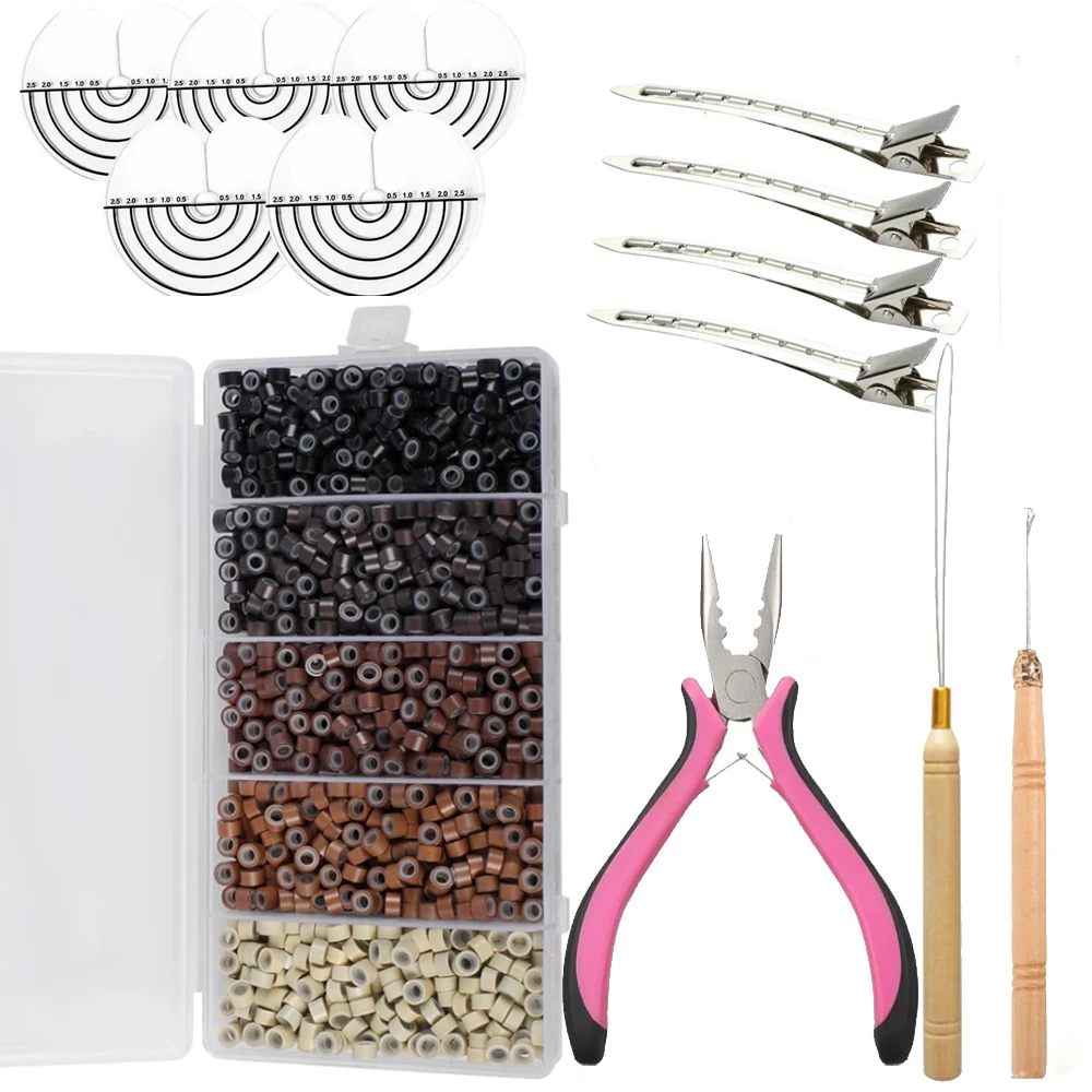 1000 Pcs Silicone Micro Rings Professional Hair Extensions Tools Kit: Hair Pliers, Micro Pulling Hook Needle, Loop Threade