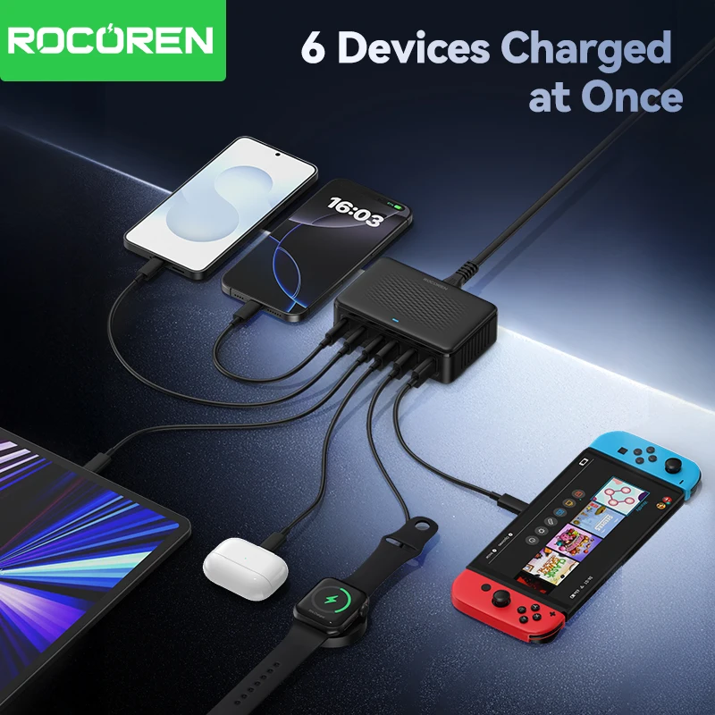 ที่ชาร์จ Rocoren USB 100W GaN ชาร์จเร็ว 6 พอร์ต แบบตั้งโต๊ะ ชาร์จเร็วแบบ Type C  สถานีพลังงานแบบพกพา สำหรับ iPhone 17 16 Xiaomi
