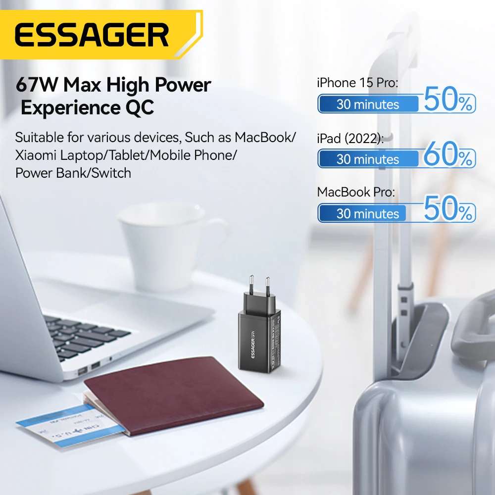 Essager 67W GaN USB Charger Quick Charge QC3.0 PD PPS USB Type C Charger For IPhone 15 14 Macbook Laptop iPad Xioami Samsung S23