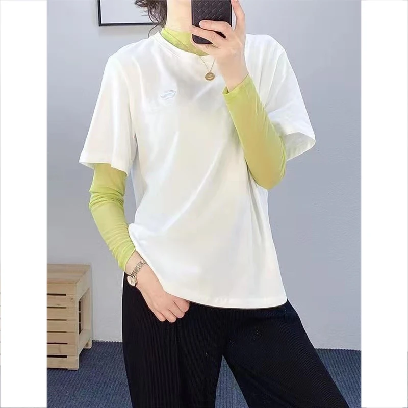 Candy Colored Mesh Base Shirt Women Summer Thin Ice Silk round Neck Transparent Sun Protection Cover up Top Layered Wear