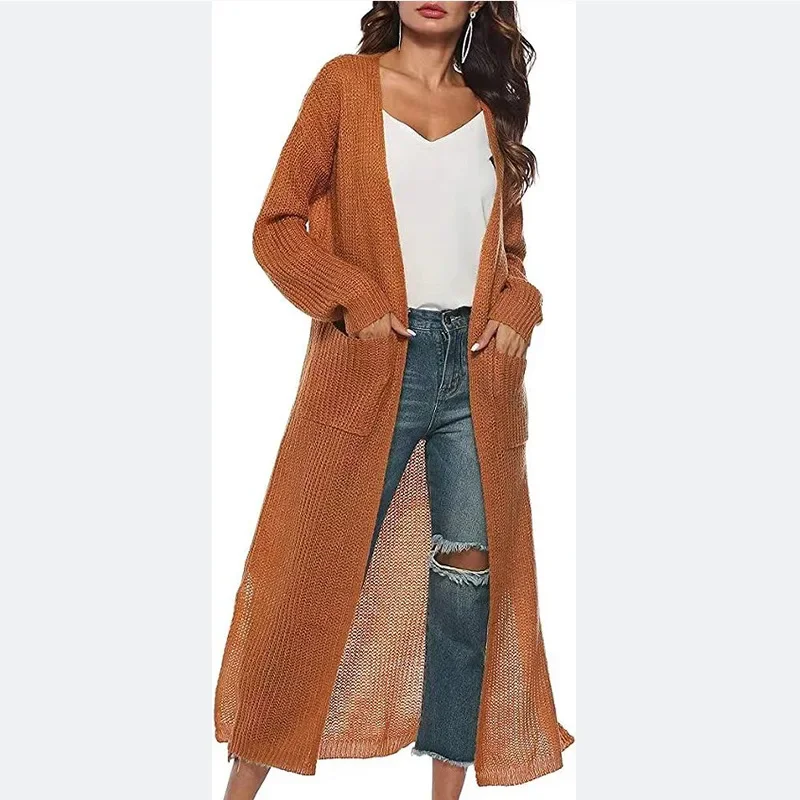 New Women Solid Color Loose Cardigan Knitted Sweater 2023 Autumn Winter Sweater Coat Women Long Sleeve Pocket Long Sweater Coat