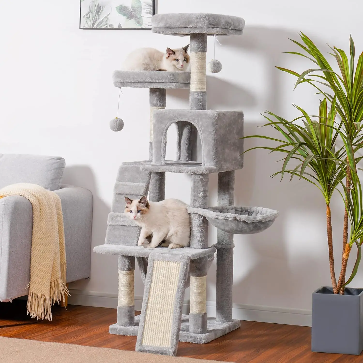 Cat Tree, Cat Tower Multi-Level Cat Furniture Condo for Cats with Padded Plush Perch Cozy Basket Scratching Board