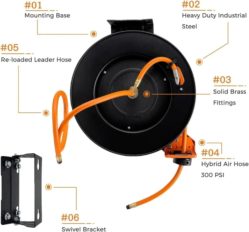 Retrátil Air Compressor Mangueira Carretel, Giratória 3, 8 "x 50 ft Mangueira Híbrida, Teto e Montagem na Parede, Heavy Duty Industrial Reel,300PSI