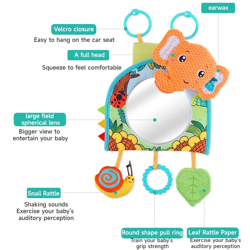 어린이 자동차 펜던트 주름 삐딱한 감각 학습 장난감, 여행 봉제 동물 거울 장난감, 아기 침대 벨 상호작용 장난감 선물