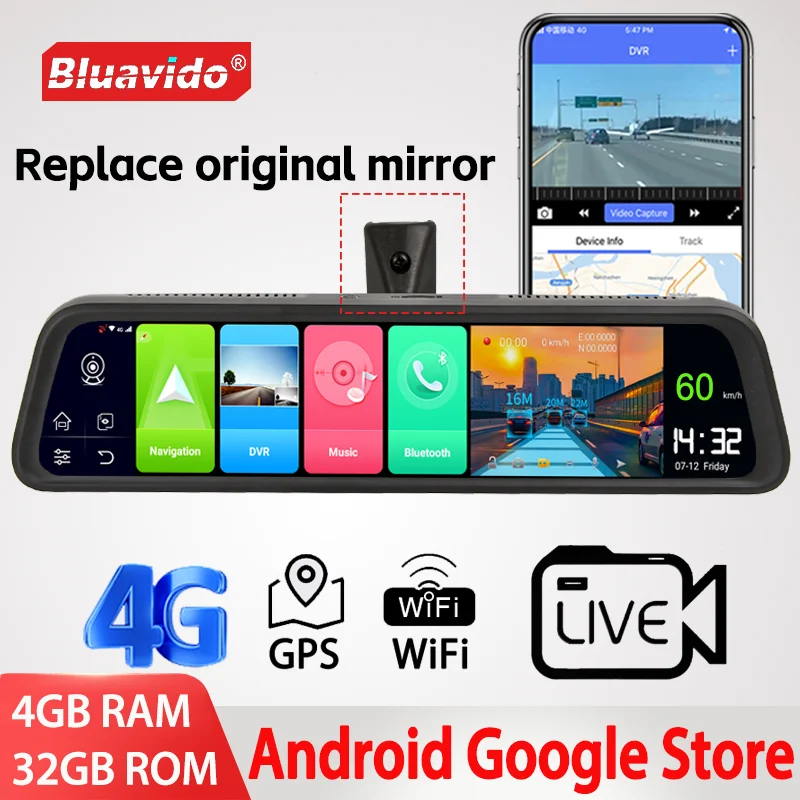 

Bluavido 4G RAM Smart Android 8.1 Car Mirror DVR GPS Navigation HD 1080P Video Recorder Camera ADAS 32G ROM Add Original Bracket