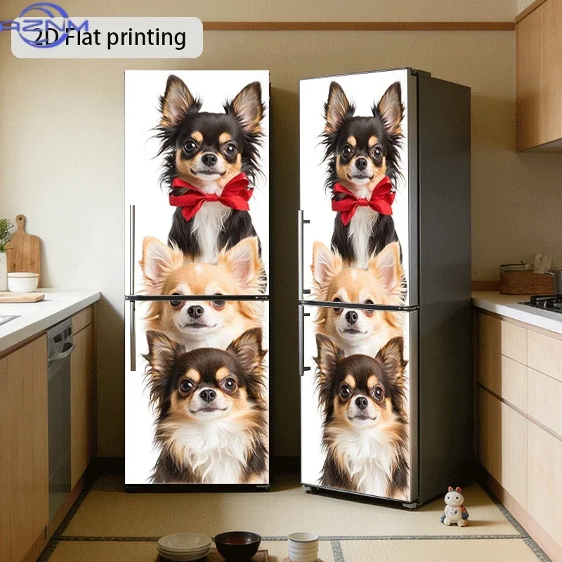 Refrigerator Sticker, Three Chihuahua Brothers Themed Design, Self-Adhesive Wall Decal Wallpaper, Suitable for Cabinets and Wa