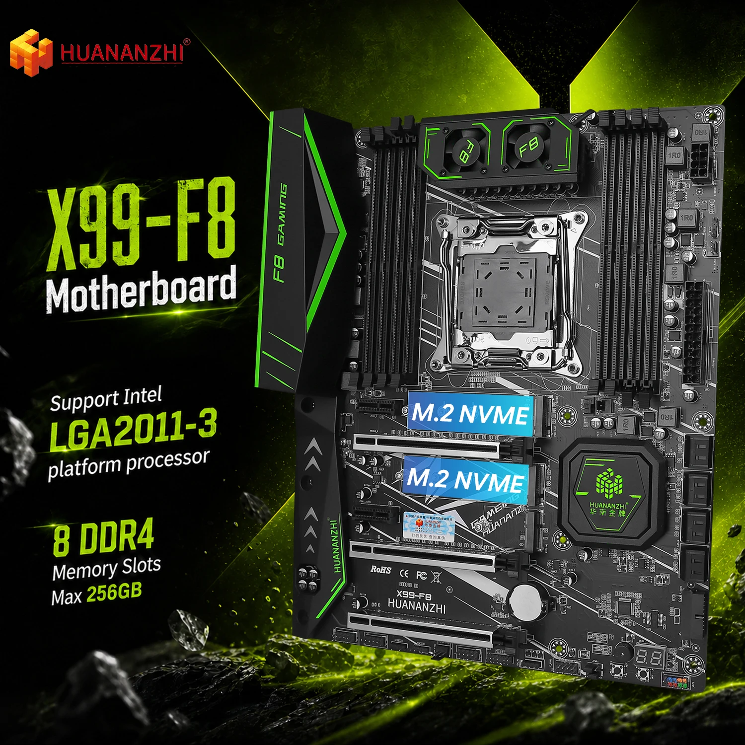 HUANANZHI X99-F8 Motherboard Kit LGA2011-3 Intel Xeon E5 V3 V4 C612 DDR4 ECC 8 Max 256GB RECC Dual M.2 NVMe 8 SATA PCIe 3.0 ATX
