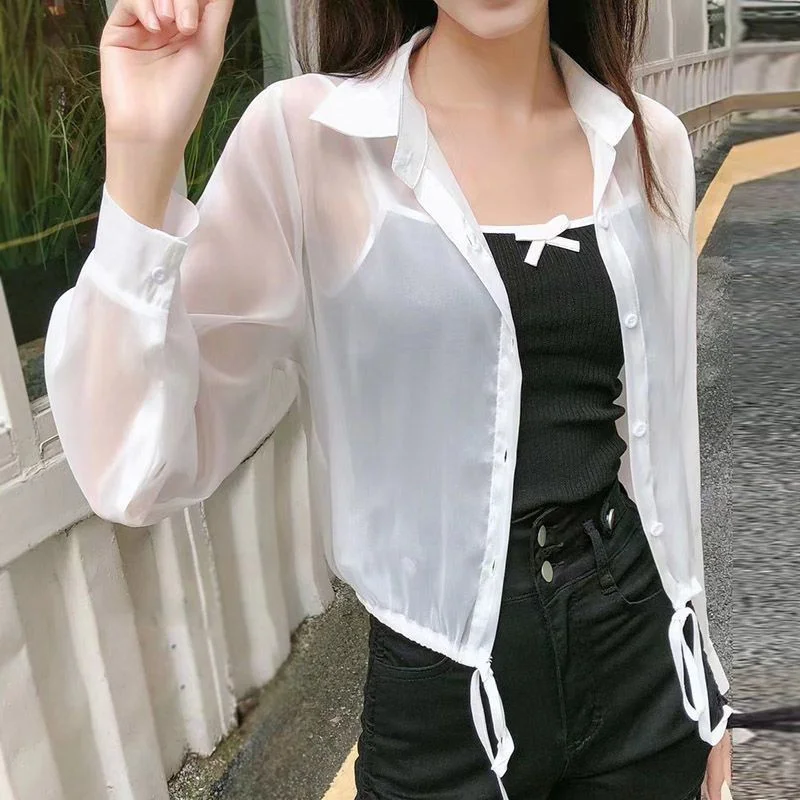 

Fashion Women's Shirt Blouse 2025 Summer New Long Sleeved Short Drawstring Sun Protection Coat Top Solid Color Thin Shirt jacket