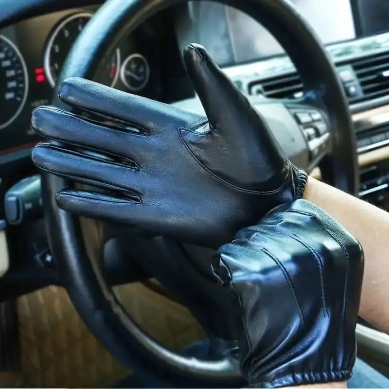 Men's PU Leather Gloves Winter Driving Keep Warm Cashmere Glove Black Waterproof Non-Slip Full Fingers Touchscreen Outdoor Sport