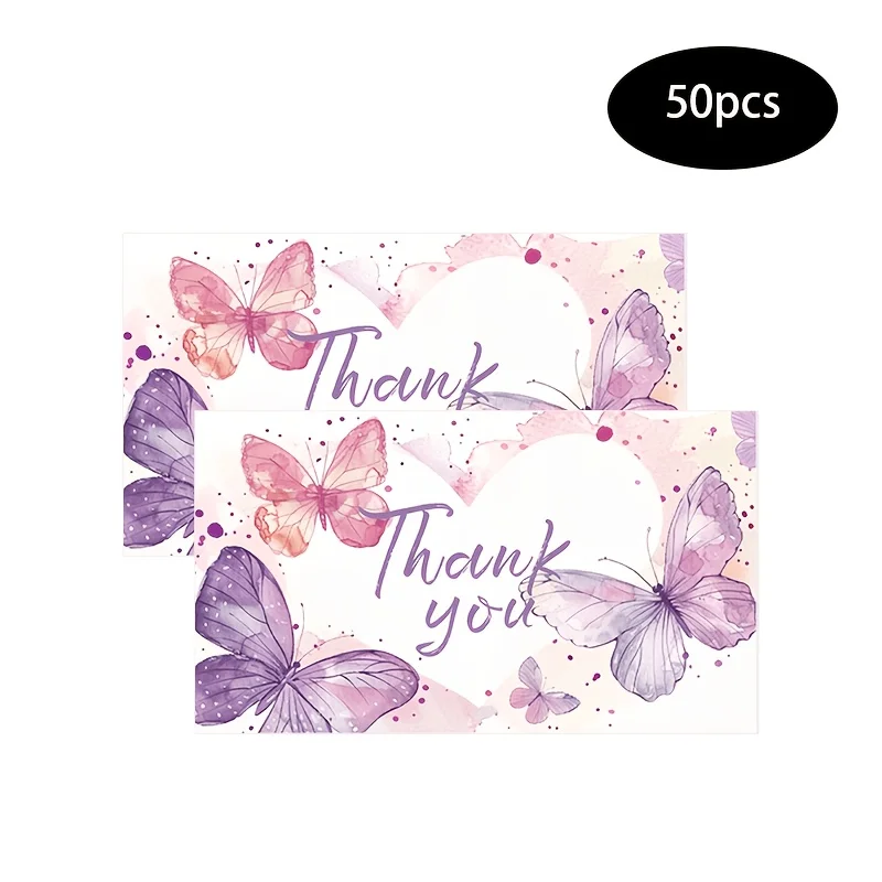 50pcs Watercolor Love Butterfly Thank You Card, Expressing Gratitude, Gift Packaging Label, Gift Decoration Card