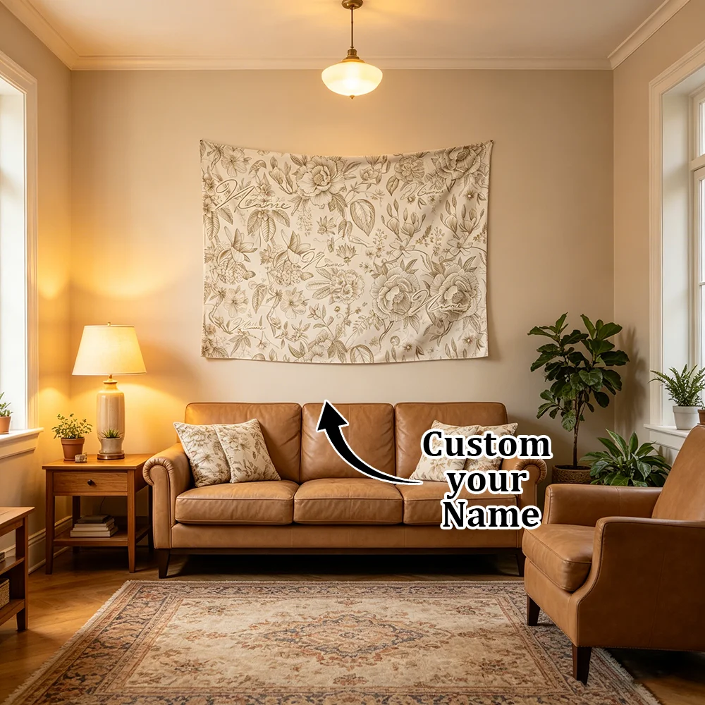 1PC Personalized Beige Vintage Floral Sketch Tapestry Custom Name Toile De Jouy Botanical Wall Hanging Bedroom Aesthetic Decor