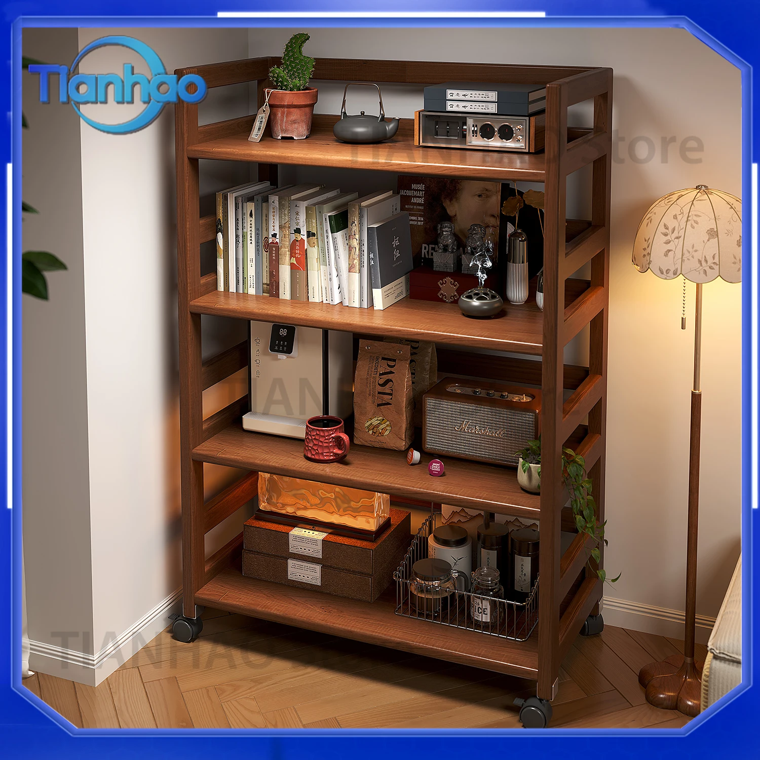Multifunctional Solid Wood Side Table for Sofa Living Room Mobile Trolley Cart with Storage Shelf for Kitchen and Living