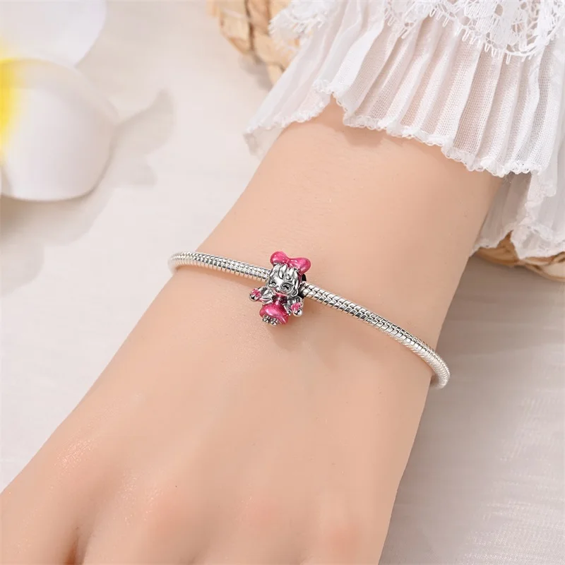 925 Sterling Silver Charms Bead Pink Double Braided Girl Dangle Fit Original Bracelet DIY Women Jewelry Gift