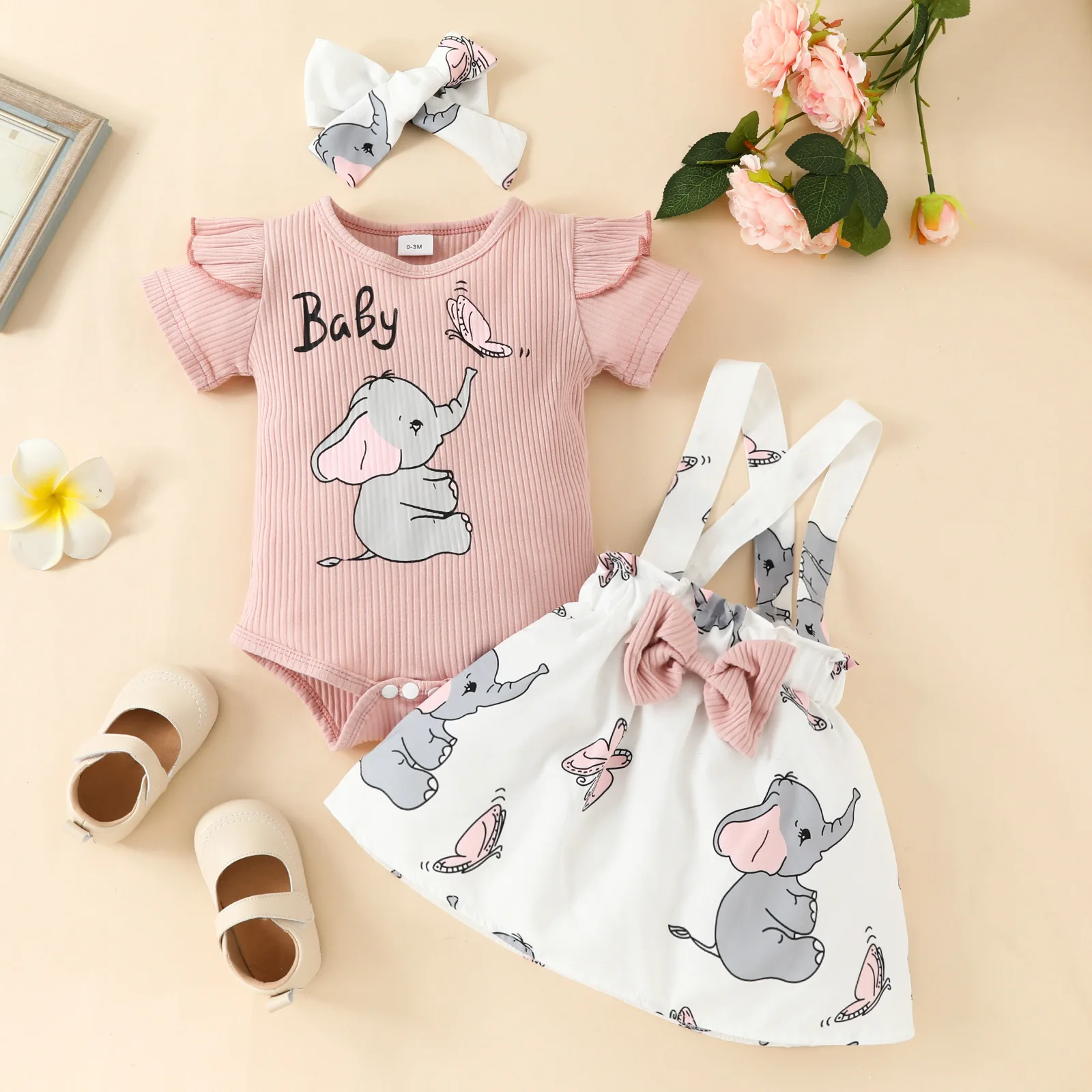 2025 Baby Girl Clothes Set Summer Short Sleeve Bodysuit+Strap Skirt+Headband 3PCS Infant Girl Casual Clothing Suit 0-18 Months