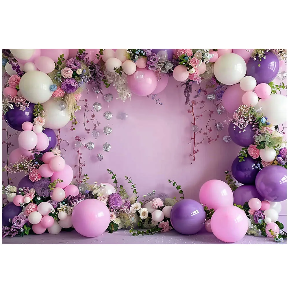 Mocsicka Backdrop for Photography Pink Purple Wall And Floor Flowers Balloons Baby Kids 1st Birthday Cake Smash Photo Background