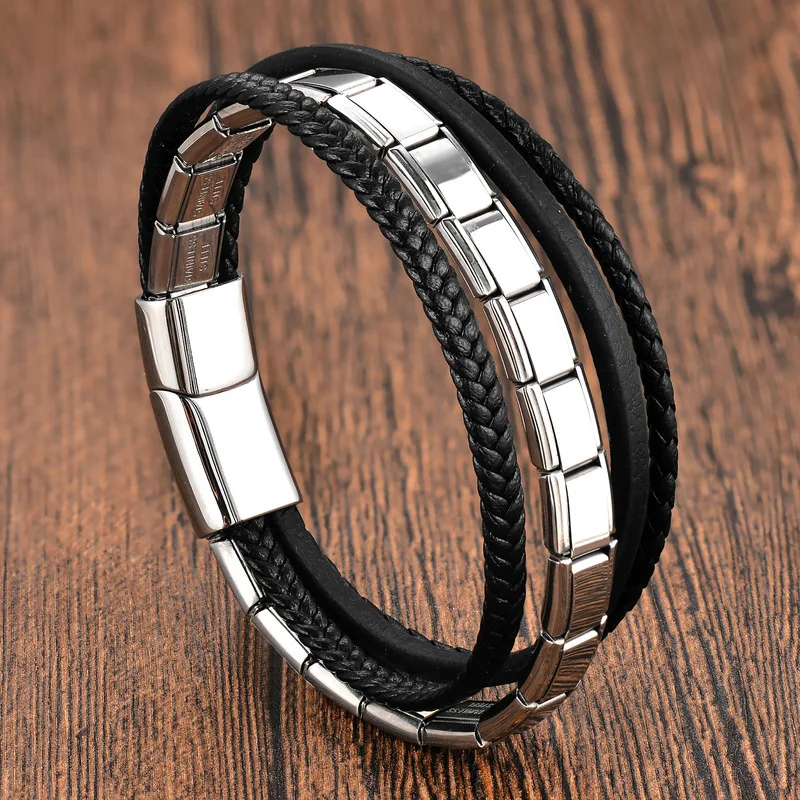 Mens Black Leather Braided Bracelet Double Layer Stainless Steel Clasp Handmade Multi Strand Genuine Cowhide Wristband Chain