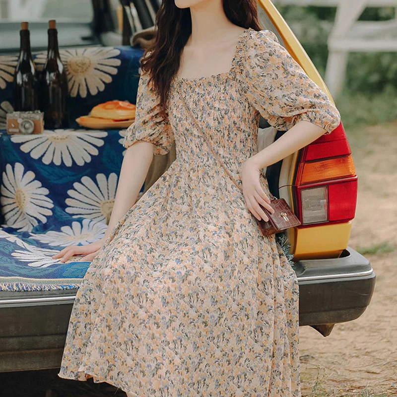 France Vintage Print Chiffon Floral Dress Woman 2022 Summer New Elegant Folds Half Sleeve Square Collar High Waist Knee Dresses