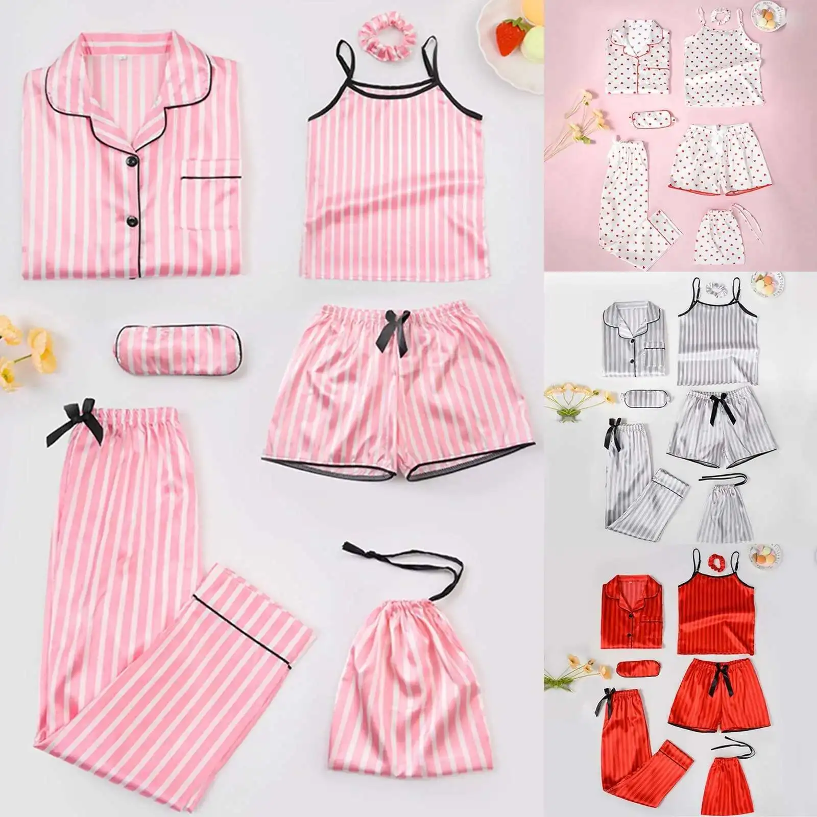 

Girls Outfit Sets 120 160 Four Seasons Can Wear Children'S Simulation Silk Pajamas Seven Piece Homewear Set 여아상하복세트