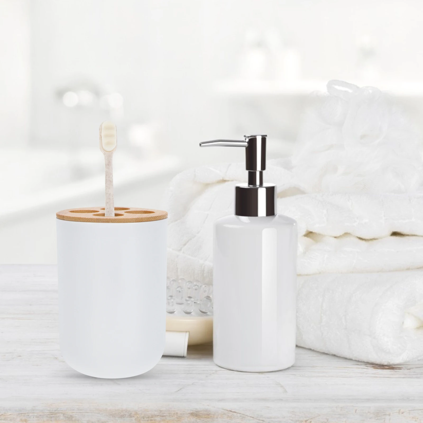 

1pc Bamboo Pp Toothbrush Holder Cup Compact Travel Size Washing Cup For Home Bathroom Use Two-In-One Mouthwash Storage Container