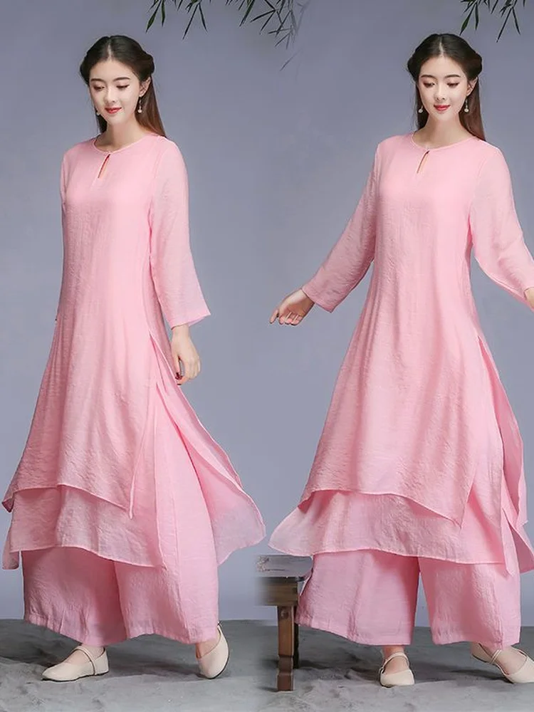 Elegant Tai Chi Uniform Women's Zen Dance Wear High Waist Wide Leg Pants Breathable Casual Sport Suit Two Piece Set