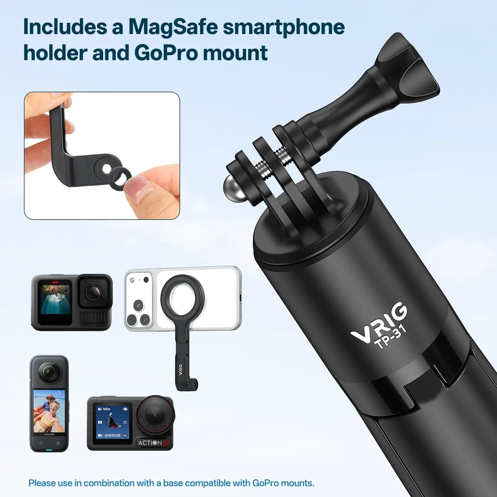 VRIG TP-31 71 Pulgadas, Palo Selfie Universal para Cámara de Acción, Trípode Extensible con Adaptador GoPro de 1/4 de Pulgada y Soporte Magnético para Teléfono