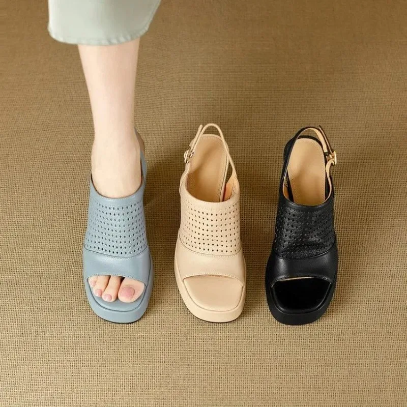 

Leather Hollow Out Fish Mouth Sandals Thick Heel Wedge Women's Shoes Summer New Style Cowhide Tendon Bottom Mid Age Mom Sandals