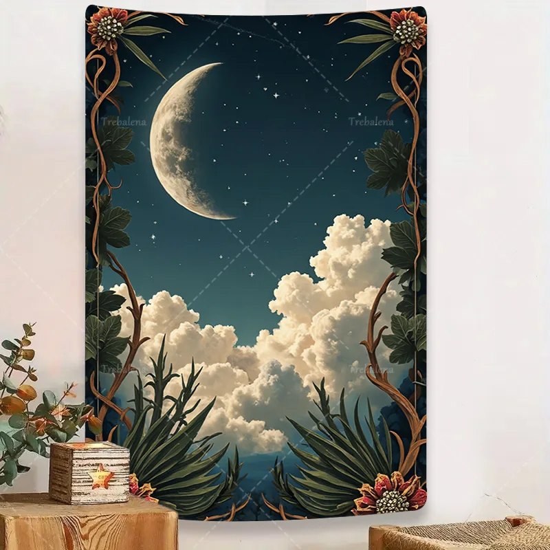 

1pc Wall Tapestry "Boho Moonlit Night Sky Tapestry with Clouds and Floral Border"