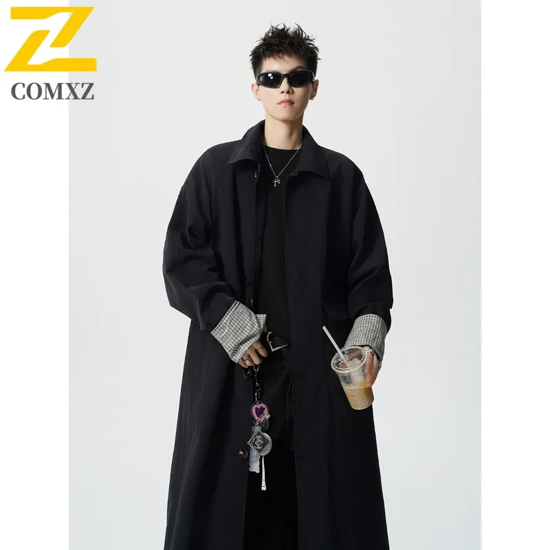 

COMXZ Wool Blends Coat Plaid Color Block Premium Notch Collar Long Trench Coat Fashion Commuting Office Autumn WinterGarment
