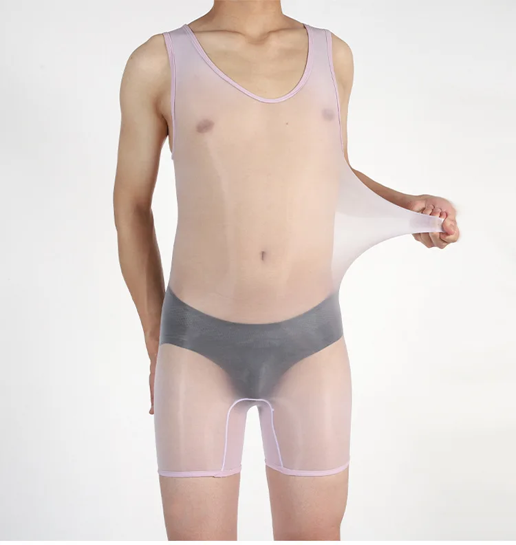 Men Sexy Oil Shiny Bodysuits Glossy Tank Rompers Gay High Stretchy Bodystocking Sex Lingerie Male See Through Jumpsuits