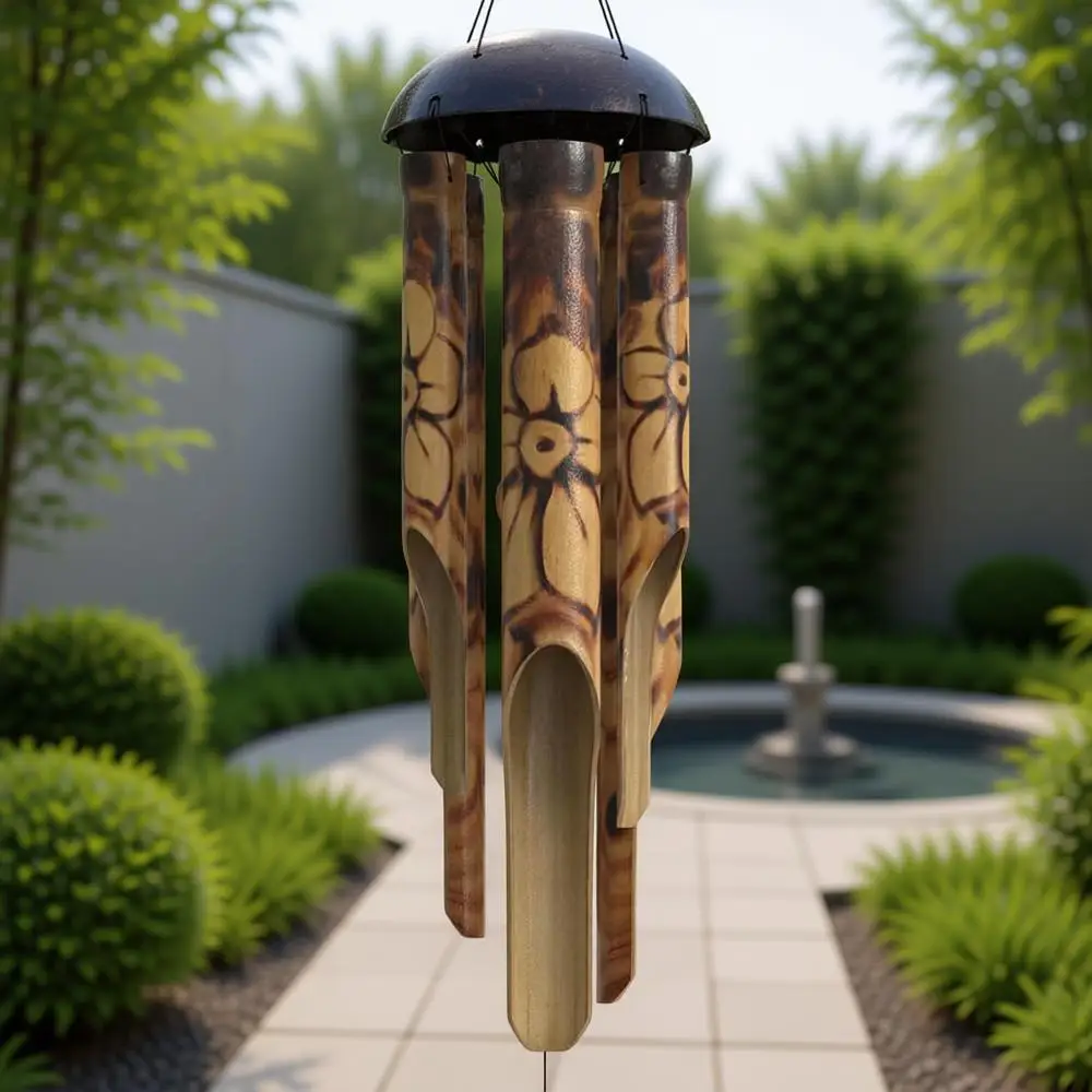

Medium Handcrafted Bamboo Wind Chime with Burned Floral Design, Ideal Calming Home Decor Gift for Him & Her