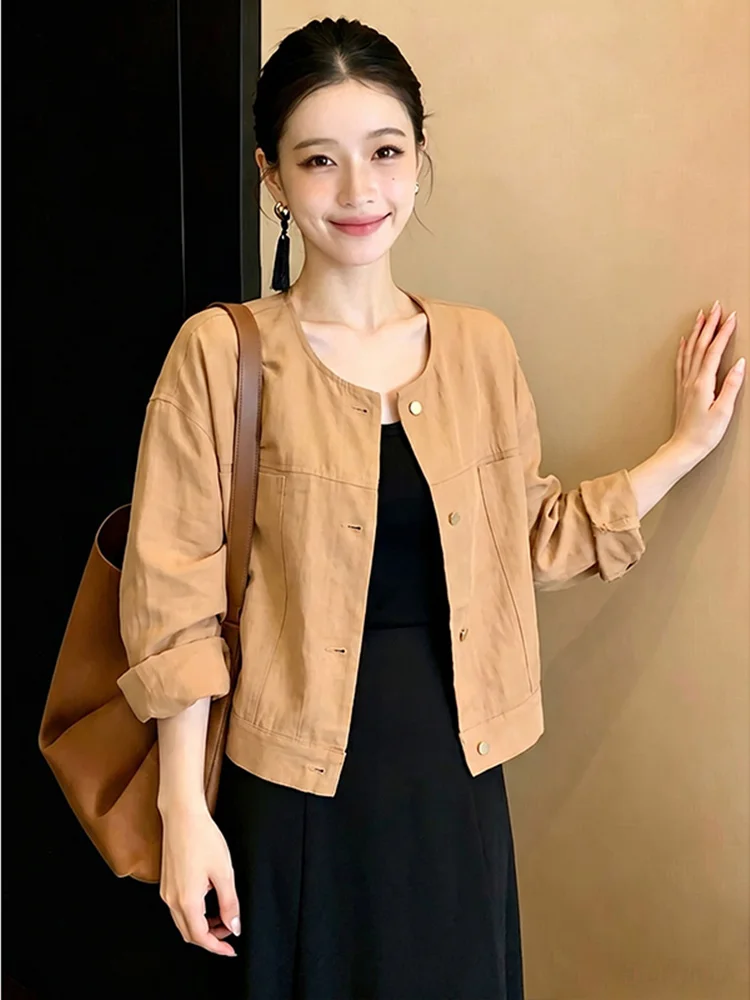 Elegant round Neck Single Button Loose Fit Women's Jacket Simple Style Summer New Arrival Breathable Long Sleeve Home Wear