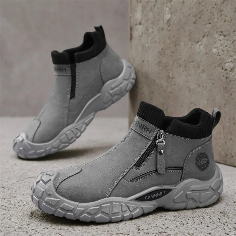 Solid Colour Men's Casual Shoes Autumn Ankle Boots New High Top Leather Sneakers Male Fashion Anti Slip Work Wear Light Footwear
