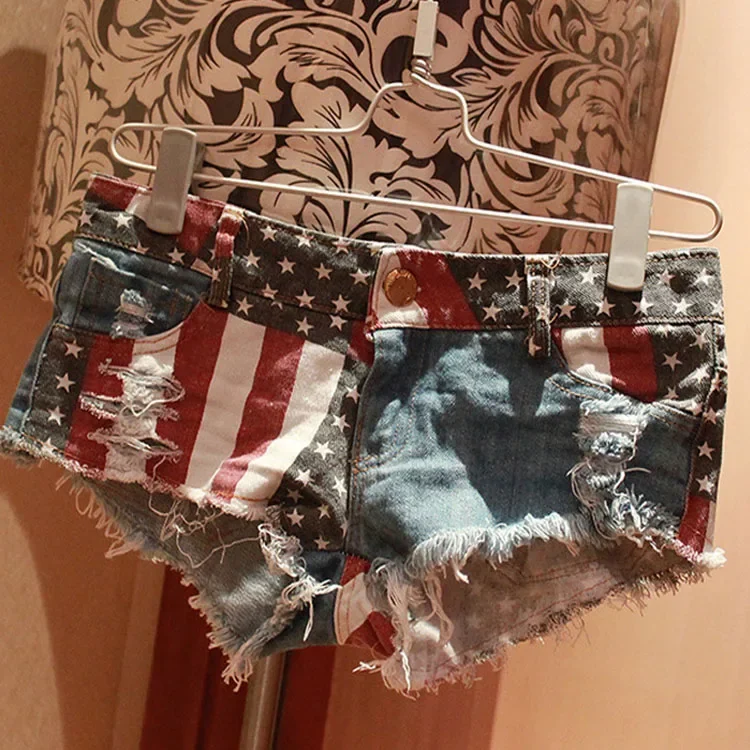 1pcs Woman hole shorts ,Pure cotton Fabric broken hole jeans Shorts,Sexy flag stripe,Ladies denim Short,Pants women,Summer 2024