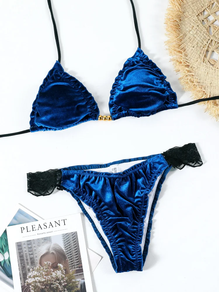 Bikinis triangulares de encaje, traje de baño Sexy para Mujer, conjuntos de Bikini de cintura baja, traje de baño Push Up, ropa de playa para Mujer, traje de dos piezas, Bikini liso