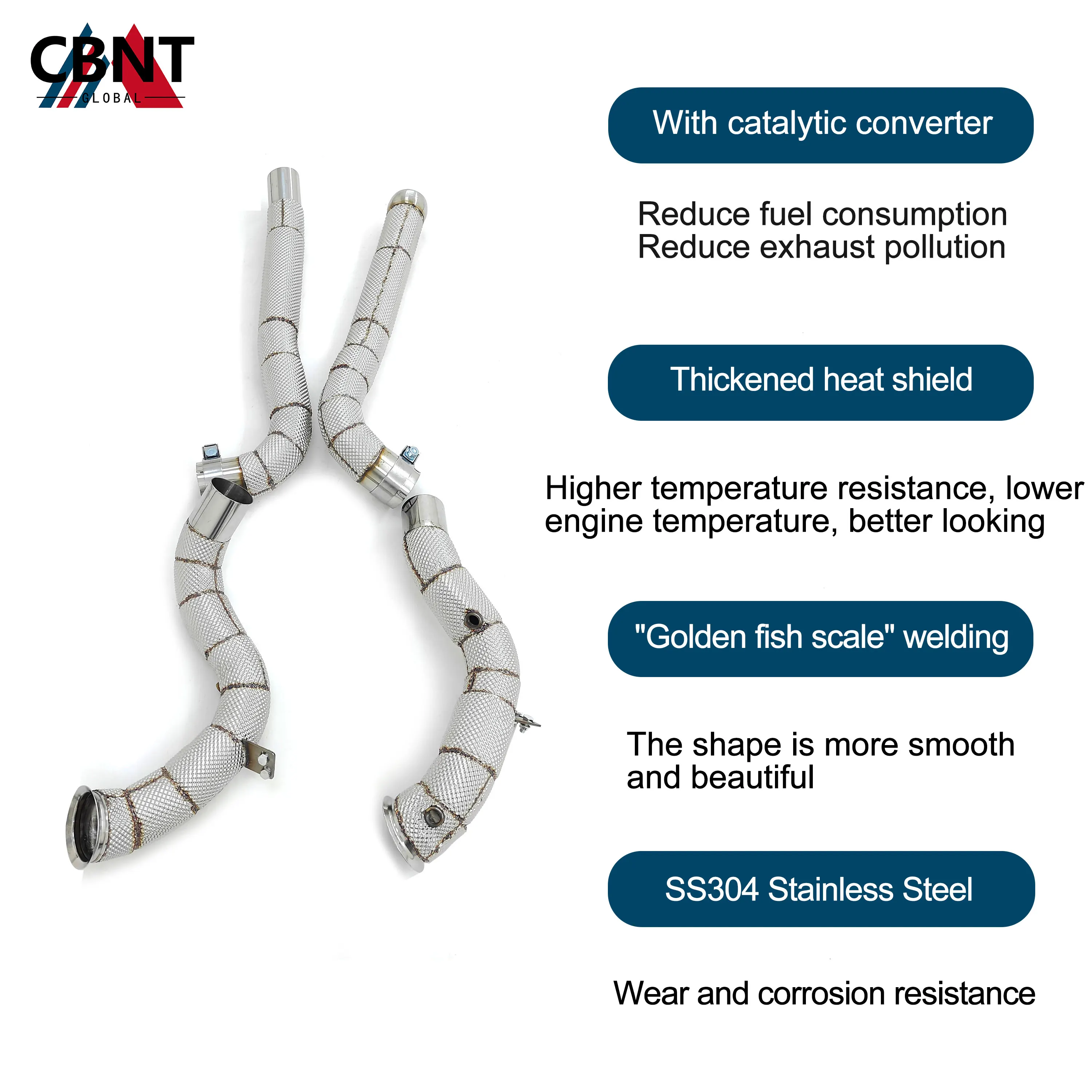 CBNT for Mercedes Benz AMG GT GTS GTC GTR 4.0T Free Flow Downpipe Exhaust System with Heat Shield SS304 Tuning Exhaust Header