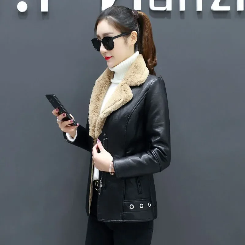 Damska kurtka zimowa z ekoskóry PU, krótki blezer, płaszcz z polaru, dwustronna kurtka skórzana z futrem, odzież wierzchnia, nowość 2025