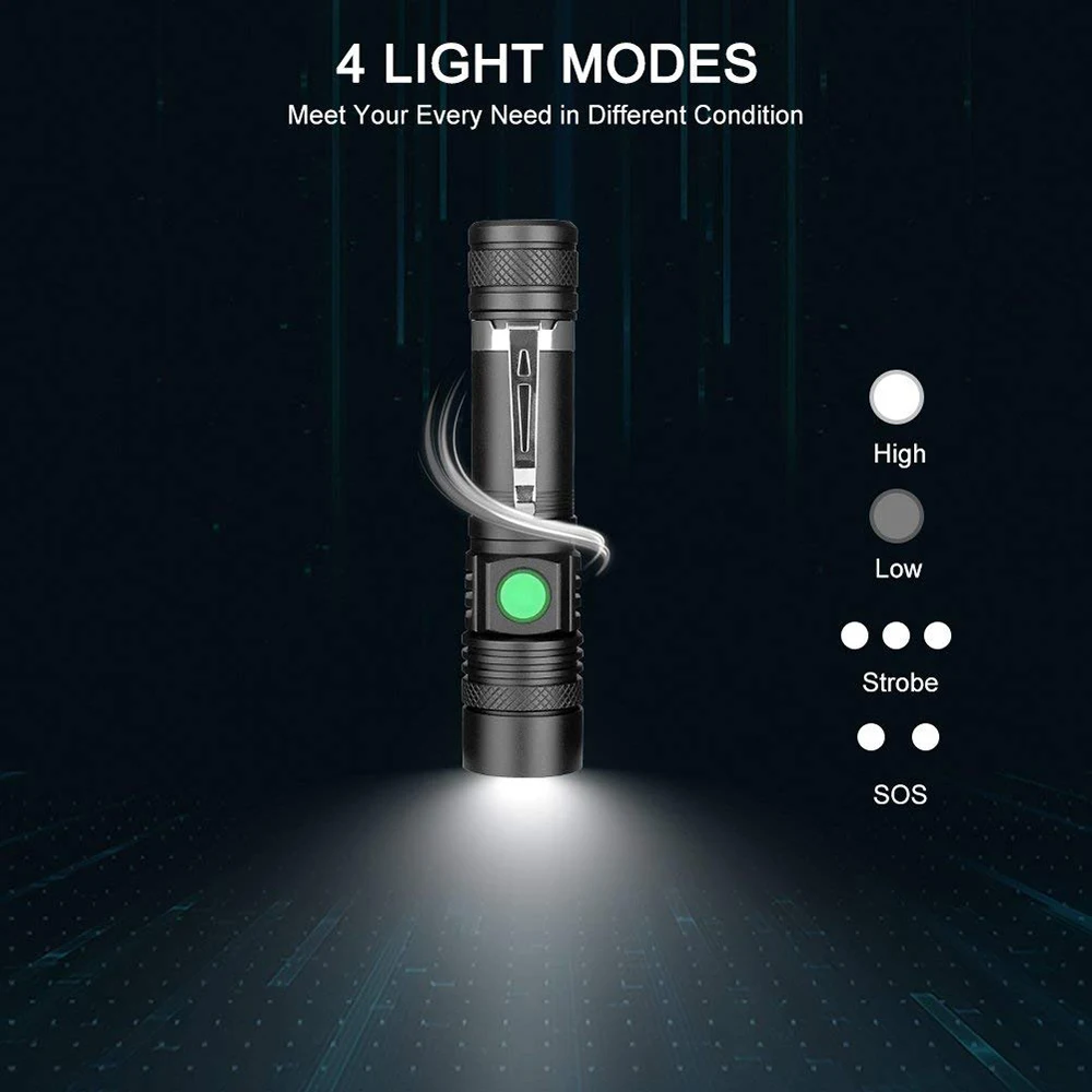 USB Rechargeable LED Flashlight Super Bright V6 Tactical Torch 4 Lighting Modes Zoomable Lamp Waterproof 18650 Camping  Lantern