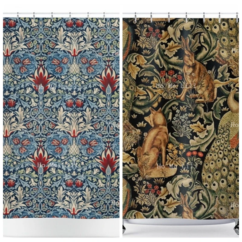 William Morris Vintage Shower Curtain Retro Fritillary Flower Forest Boho Print Art Nouveau Home Decor