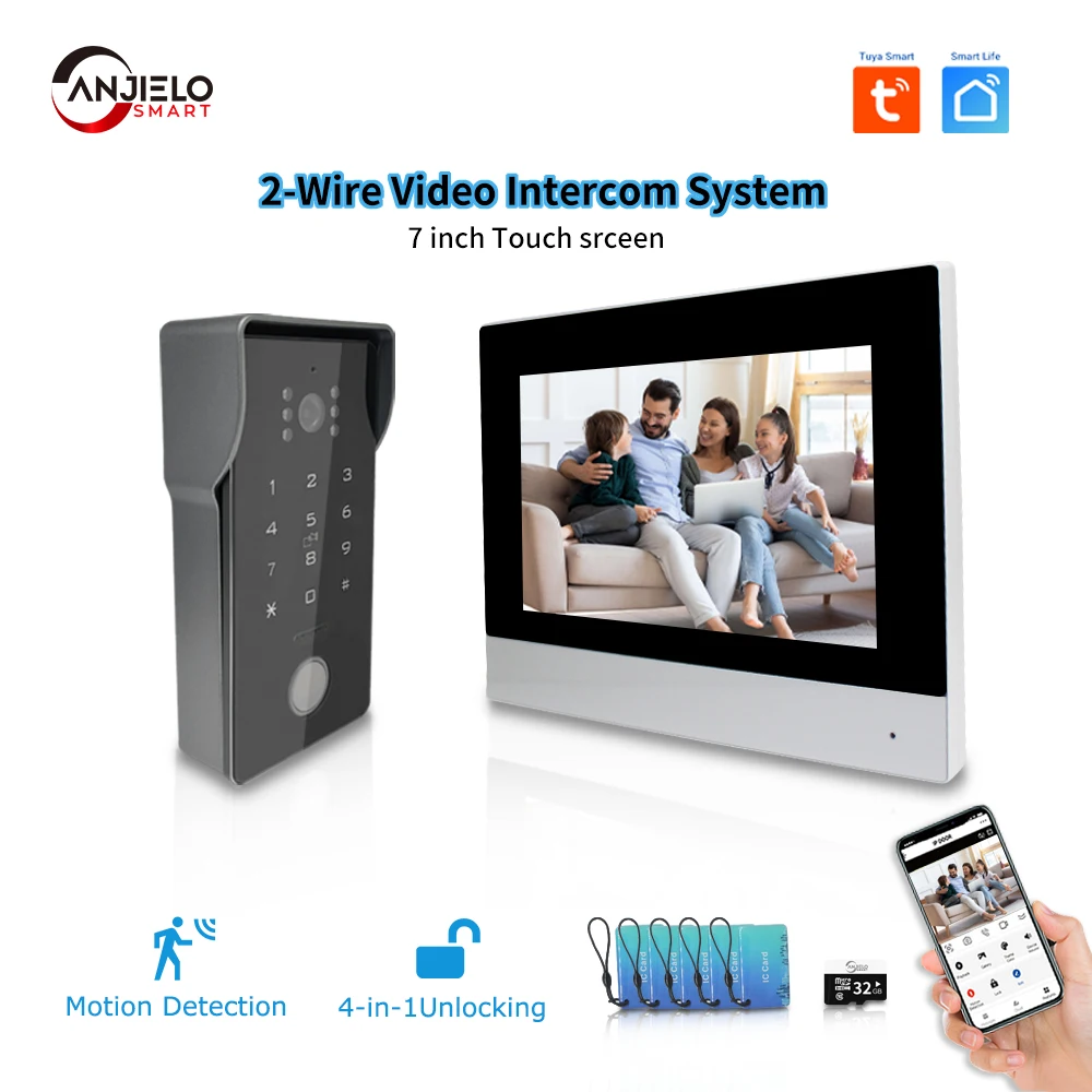 Tuya умный дом IP 2-проводной дверной звонок видеодомофон с паролем IC-карта разблокировка 1080P 7-дюймовый сенсорный монитор