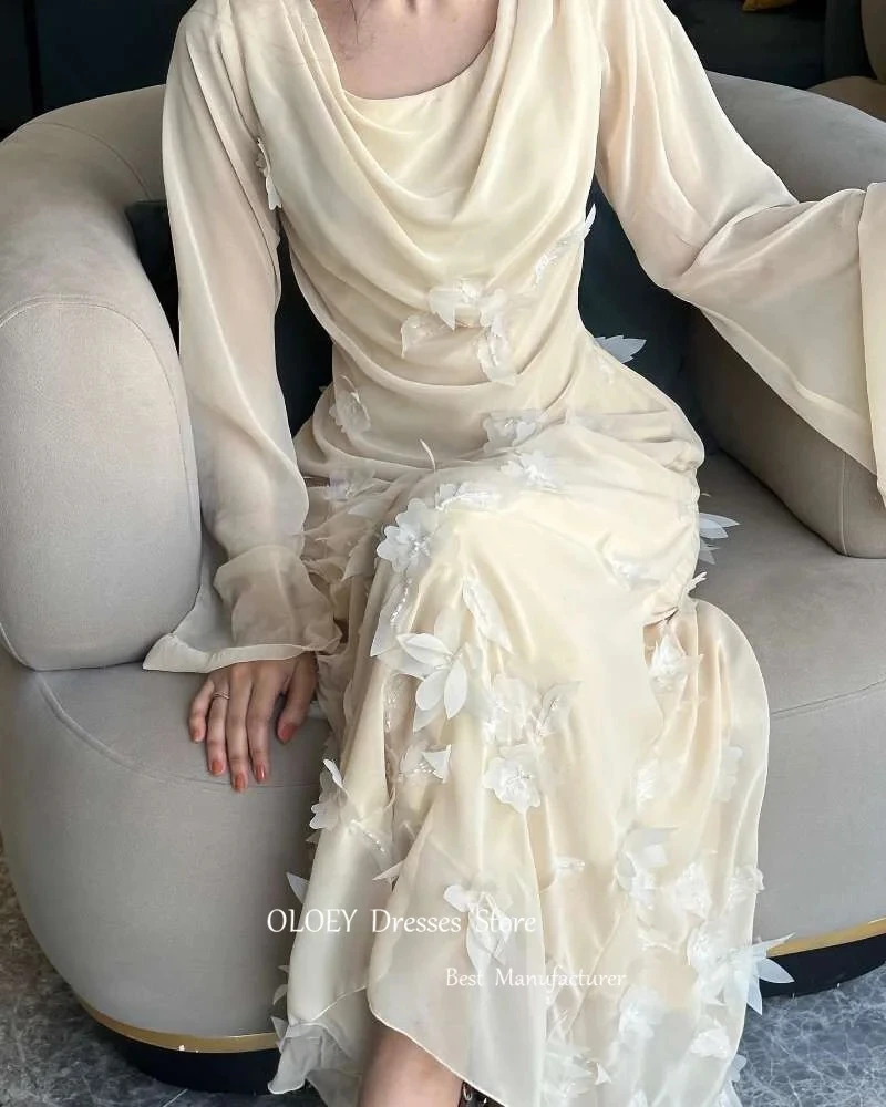 GiyuElegant Beige Chiffon Arabic Women Evening Dresses Long Sleeves 3D Flowers Prom Gowns Formal Party Dress