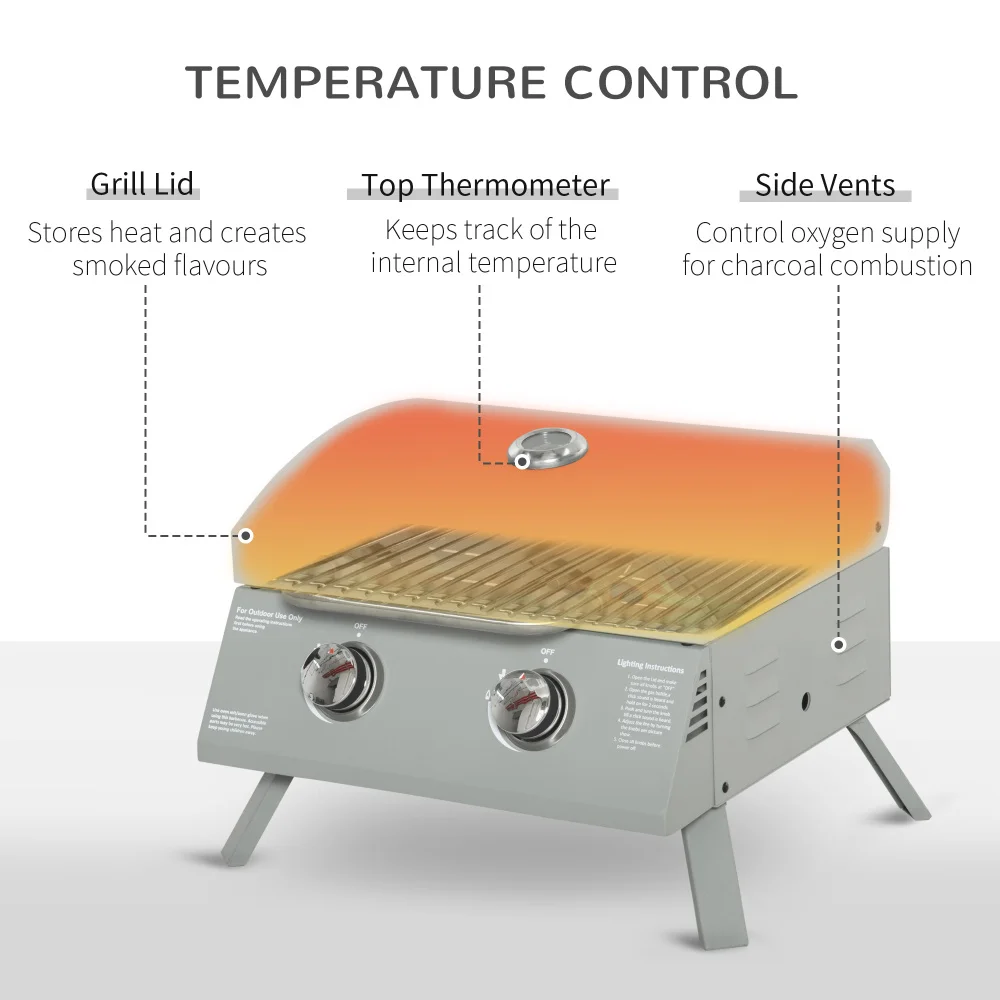 Outsunny 2 Burner เตาย่างแก๊สโพรเพนบาร์บีคิวแบบพกพากลางแจ้งพร้อมขาพับได้ฝาปิดเครื่องวัดอุณหภูมิสําหรับ Camping Picnic Backyard สีเทา
