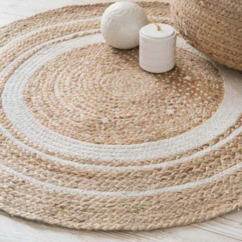 Natural Jute Round Rug Living Room Hand Made Carpet with White Color Boundary Home Floor Mat Area Rug Bedroom Decoration