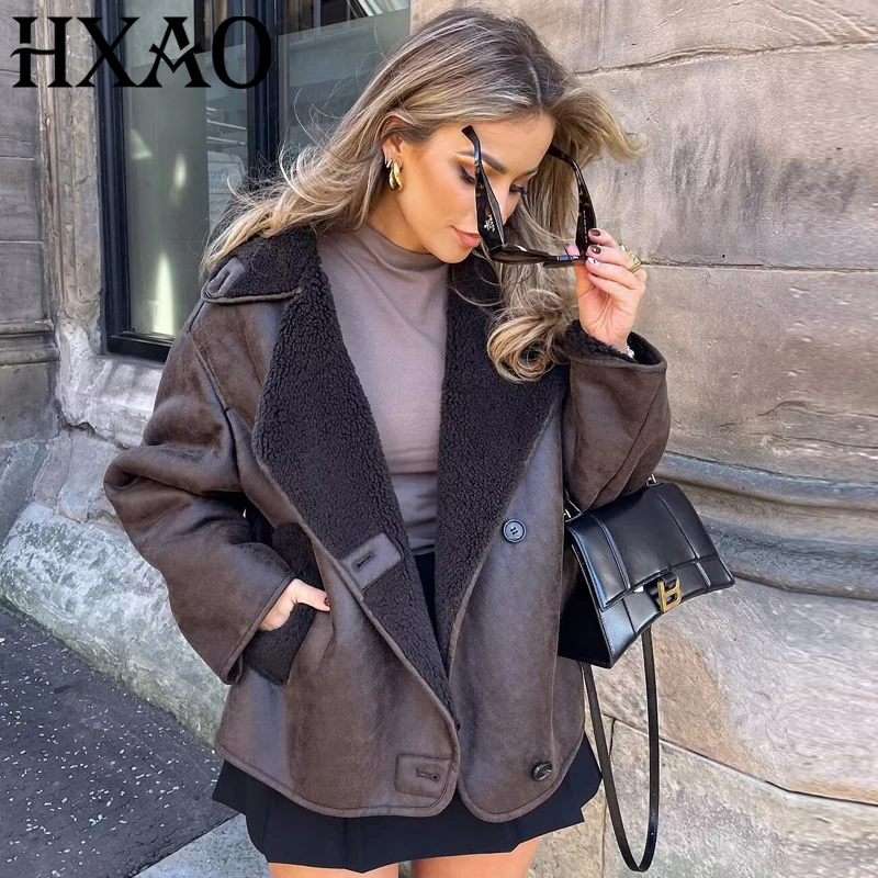 

HXAO Женские куртки Зимнее кожаное пальто из искусственного меха Новые пальто и куртки Ветровка Укороченные топы на пуговицах Коричневая верхняя одежда с длинными рукавами